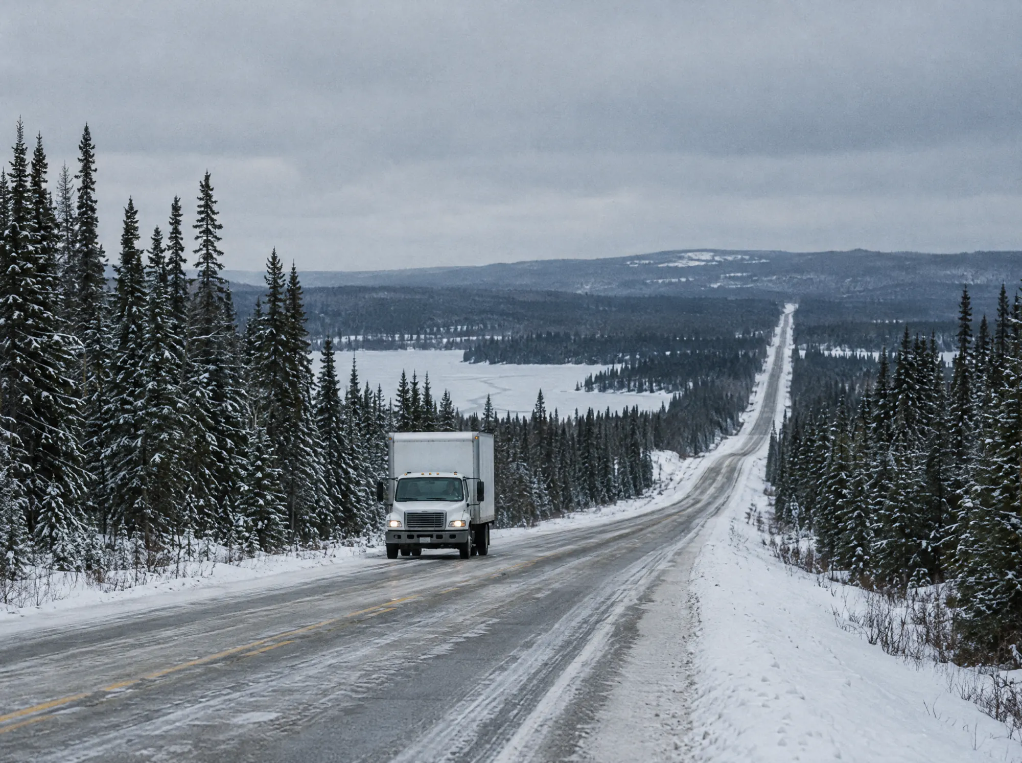 A delivery truck on a snowy northern Ontario highway